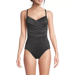Women's Slender Suit Shine Pleated Tummy Control Chlorine Resistant X-back One Piece Swimsuit
