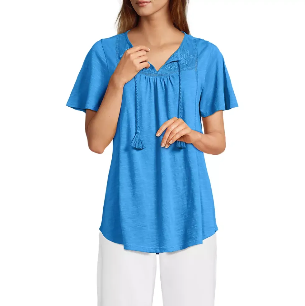 Women's Slub Flutter Sleeve Lace Trim Notch Neck Tunic Top