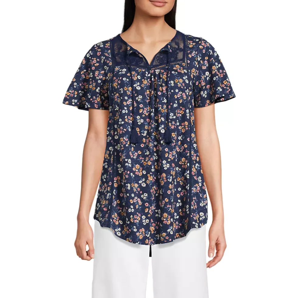 Women's Slub Flutter Sleeve Lace Trim Notch Neck Tunic Top
