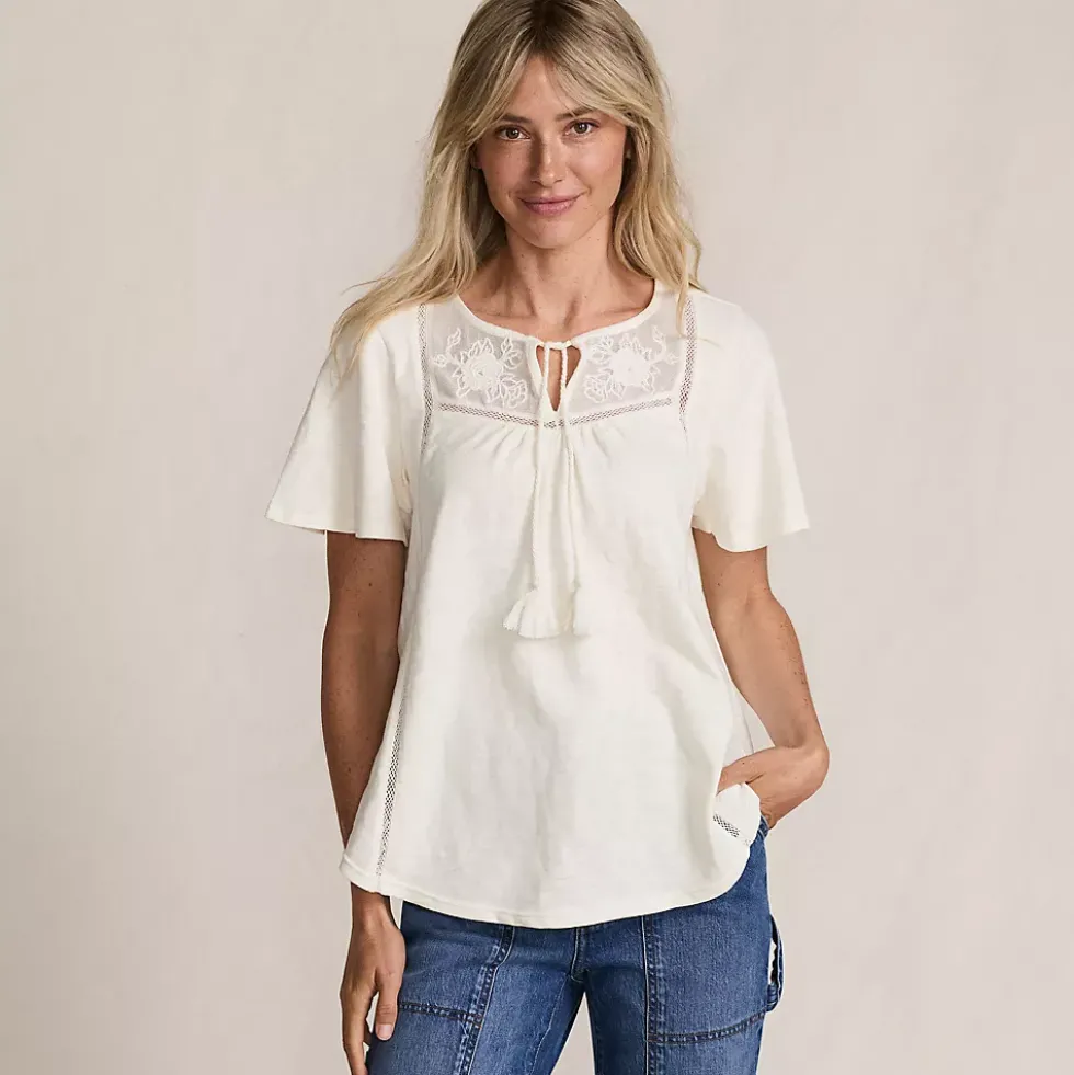 Women's Slub Flutter Sleeve Lace Trim Notch Neck Tunic Top