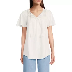 Women's Slub Flutter Sleeve Lace Trim Notch Neck Tunic Top