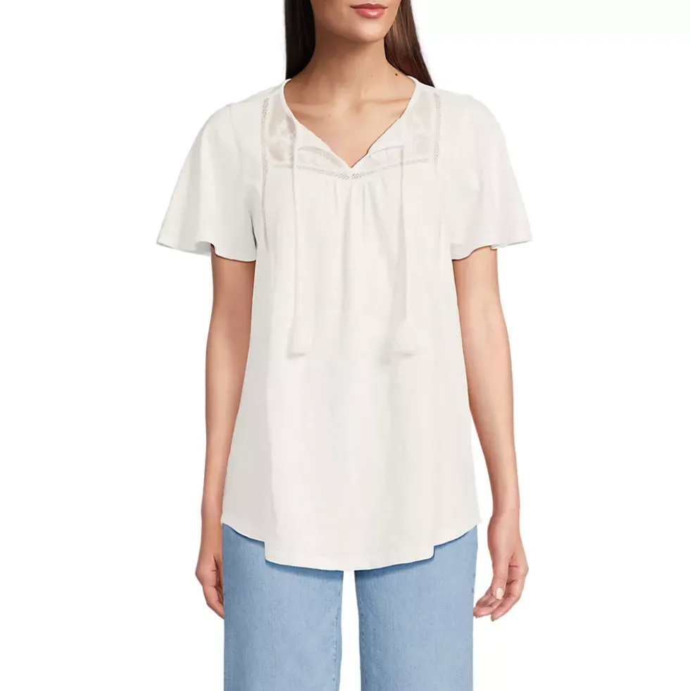 Women's Slub Flutter Sleeve Lace Trim Notch Neck Tunic Top