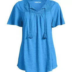 Women's Slub Flutter Sleeve Lace Trim Notch Neck Tunic Top