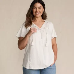 Women's Slub Flutter Sleeve Lace Trim Notch Neck Tunic Top
