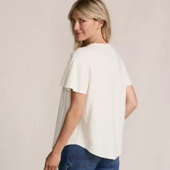 Women's Slub Flutter Sleeve Lace Trim Notch Neck Tunic Top