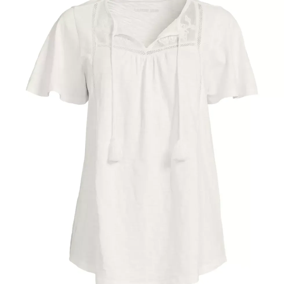 Women's Slub Flutter Sleeve Lace Trim Notch Neck Tunic Top