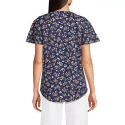 Women's Slub Flutter Sleeve Lace Trim Notch Neck Tunic Top