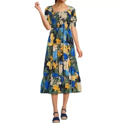 Women's Smocked Cotton Dobby Midi Puff Sleeve Dress