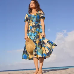 Women's Smocked Cotton Dobby Midi Puff Sleeve Dress
