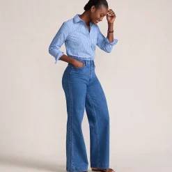 Women's Soft Denim High Rise Wide Leg Braided Jeans