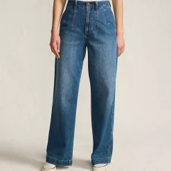 Women's Soft Denim High Rise Wide Leg Top Stitch Trousers