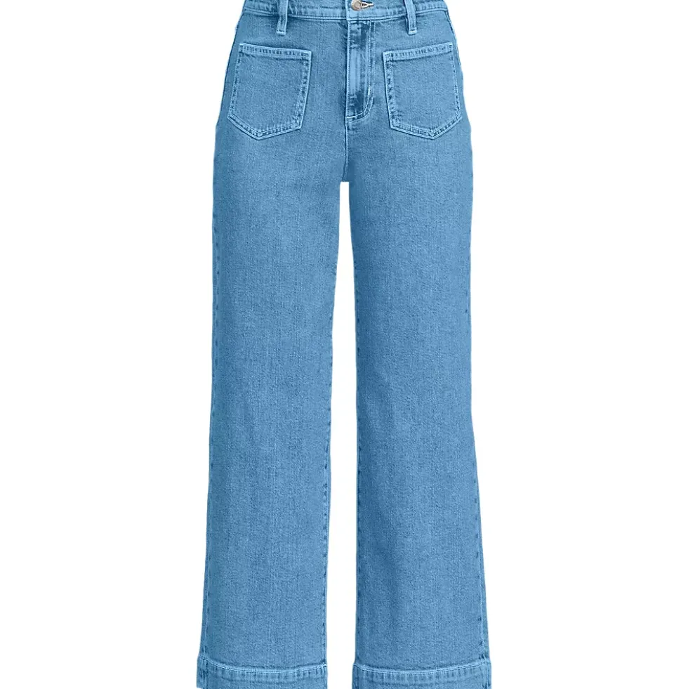 Women's Soft Denim High Rise Wide Leg Patch Pocket Crop Jeans