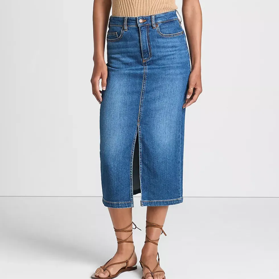 Women's Soft Denim Midi Column Skirt