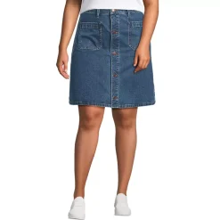 Women's Soft Denim Mid Rise Button Through Above the Knee Skirt