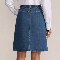 Women's Soft Denim Mid Rise Button Through Above the Knee Skirt