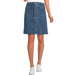 Women's Soft Denim Mid Rise Button Through Above the Knee Skirt
