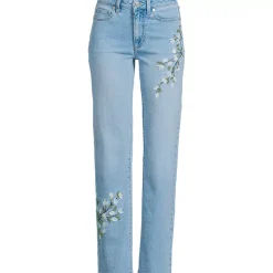 Women's Soft Denim Mid Rise Relaxed Straight Leg Embroidered Jeans