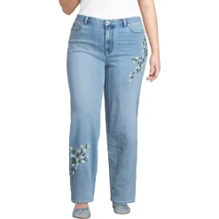 Women's Soft Denim Mid Rise Relaxed Straight Leg Embroidered Jeans