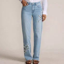 Women's Soft Denim Mid Rise Relaxed Straight Leg Embroidered Jeans