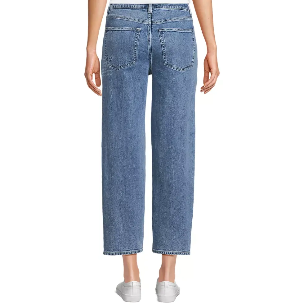 Women's Soft Denim Mid Rise Relaxed Straight Crop Patchwork Jeans