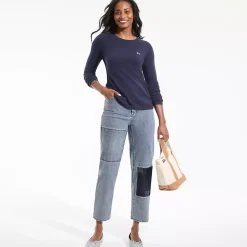 Women's Soft Denim Mid Rise Relaxed Straight Crop Patchwork Jeans