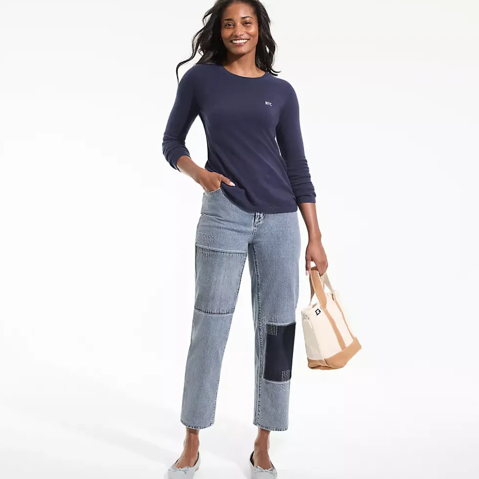 Women's Soft Denim Mid Rise Relaxed Straight Crop Patchwork Jeans