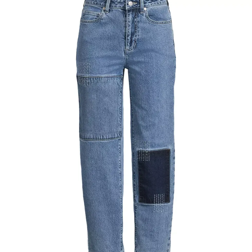 Women's Soft Denim Mid Rise Relaxed Straight Crop Patchwork Jeans