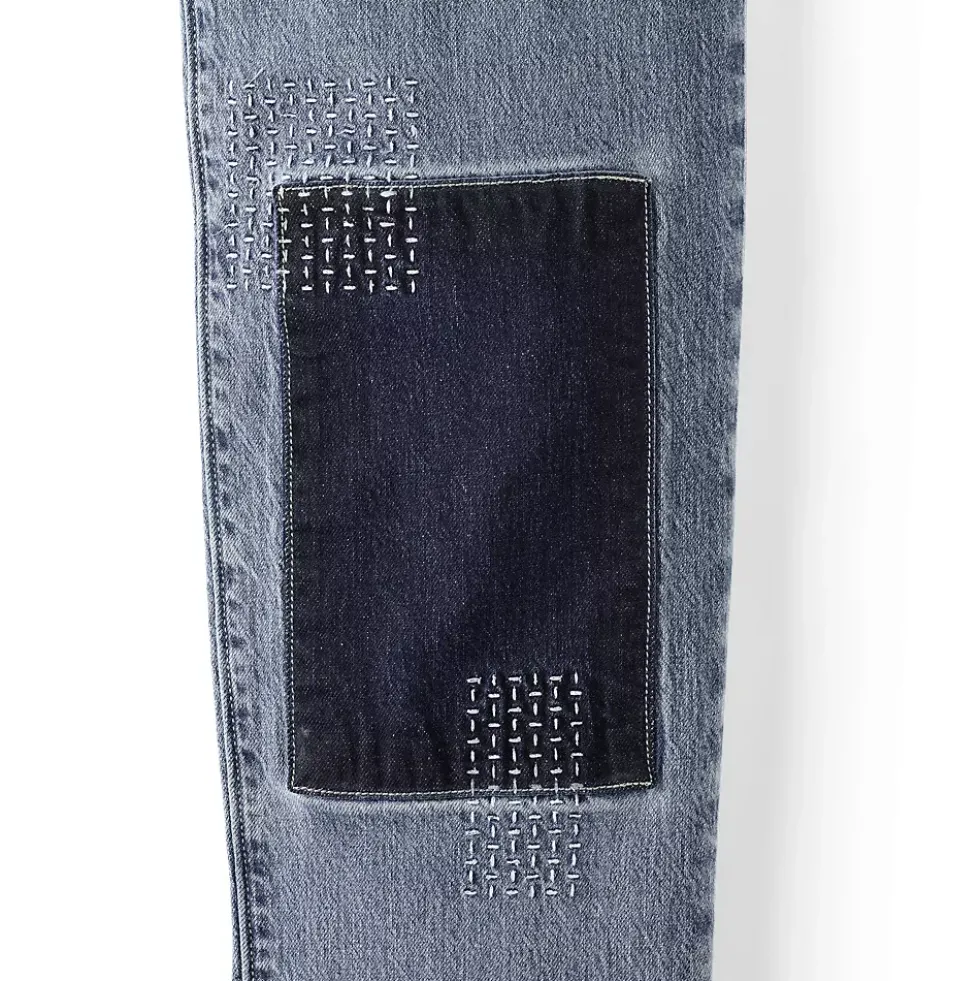 Women's Soft Denim Mid Rise Relaxed Straight Crop Patchwork Jeans