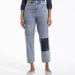 Women's Soft Denim Mid Rise Relaxed Straight Crop Patchwork Jeans