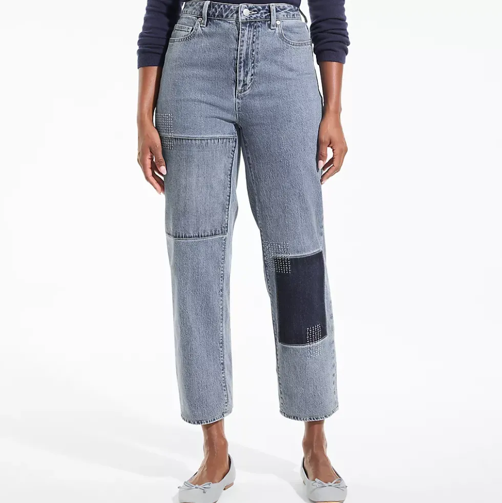 Women's Soft Denim Mid Rise Relaxed Straight Crop Patchwork Jeans