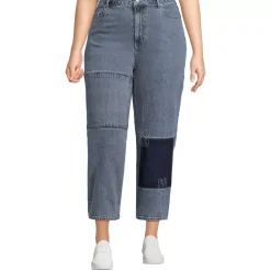 Women's Soft Denim Mid Rise Relaxed Straight Crop Patchwork Jeans