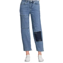 Women's Soft Denim Mid Rise Relaxed Straight Crop Patchwork Jeans