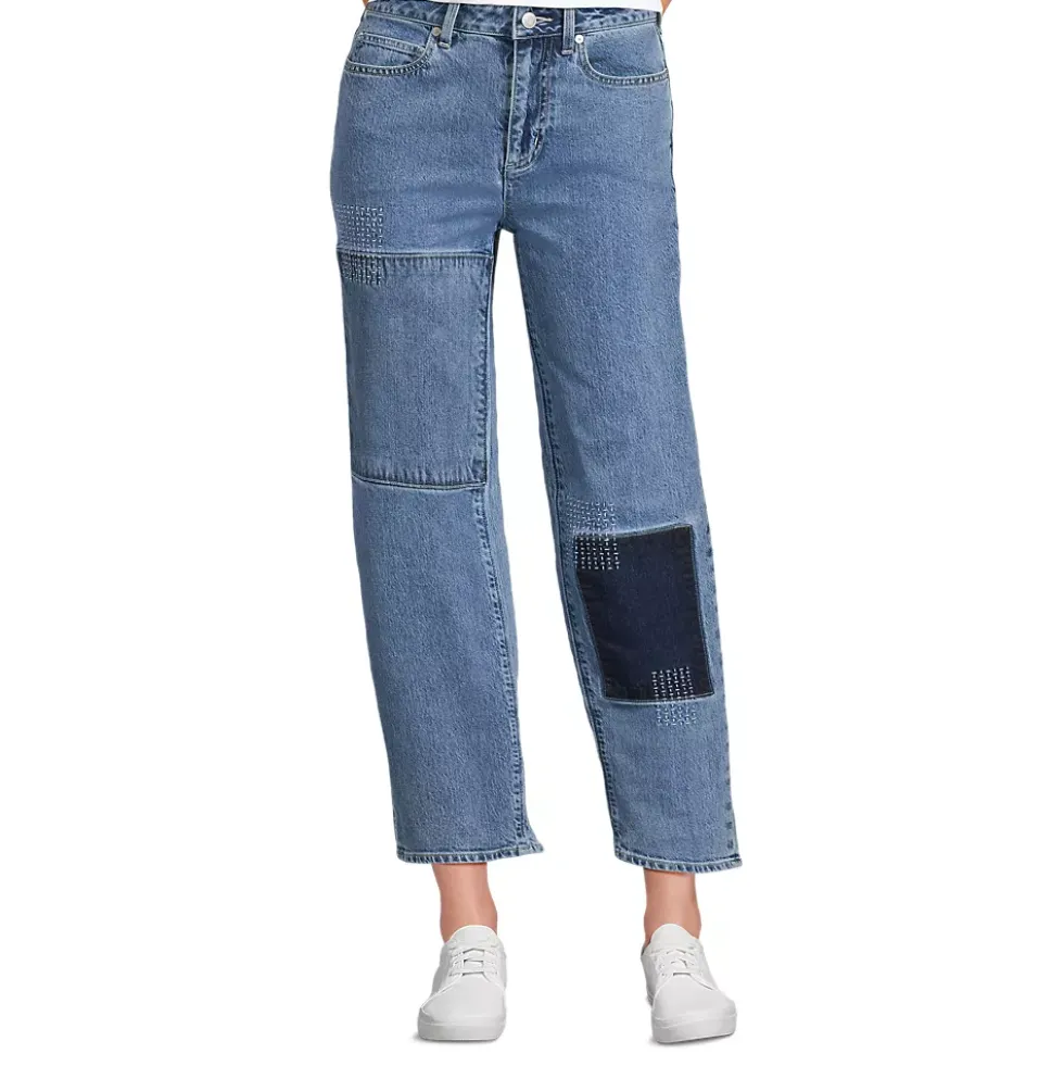 Women's Soft Denim Mid Rise Relaxed Straight Crop Patchwork Jeans