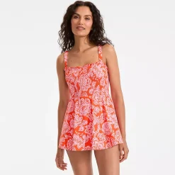 Womens Square Neck Smocked Mini Swim Dress