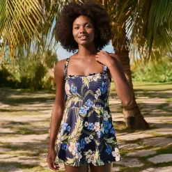 Womens Square Neck Smocked Mini Swim Dress