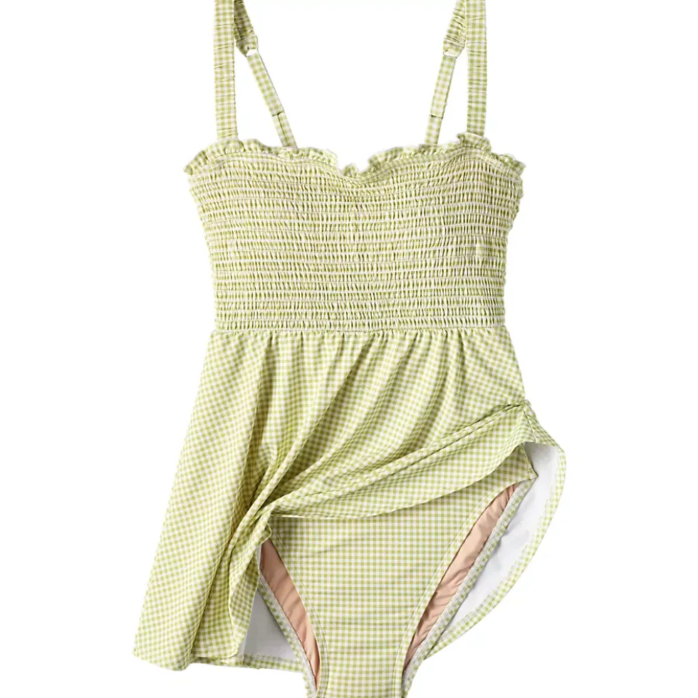 Womens Square Neck Smocked Mini Swim Dress