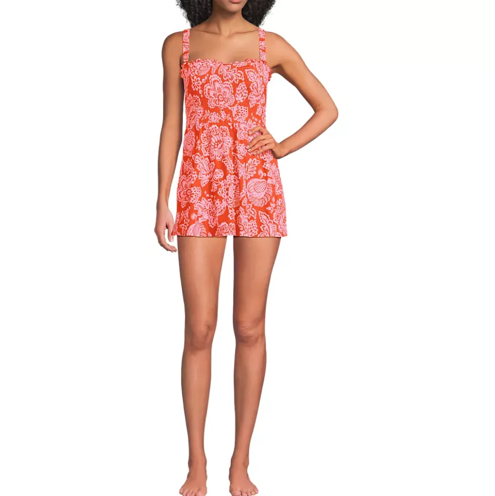 Womens Square Neck Smocked Mini Swim Dress