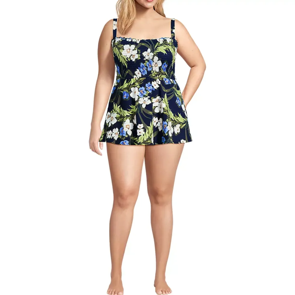 Womens Square Neck Smocked Mini Swim Dress
