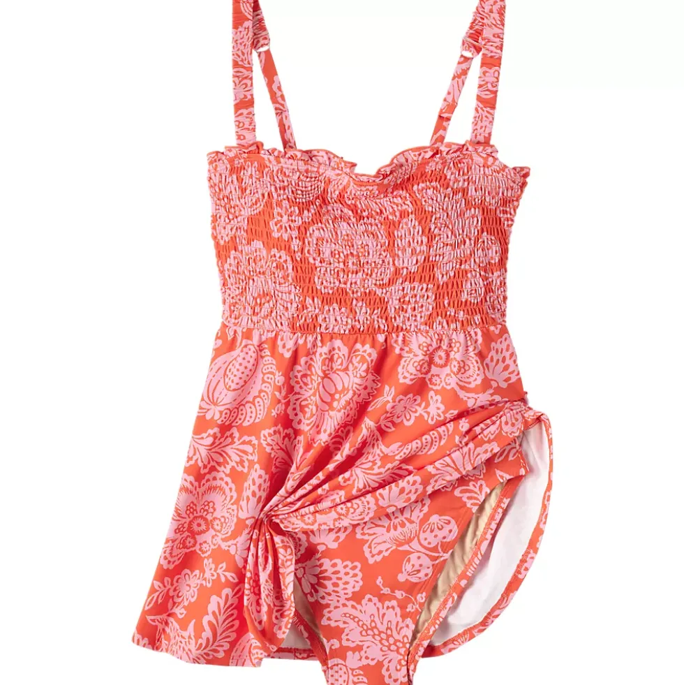 Womens Square Neck Smocked Mini Swim Dress