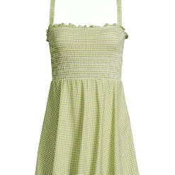 Womens Square Neck Smocked Mini Swim Dress