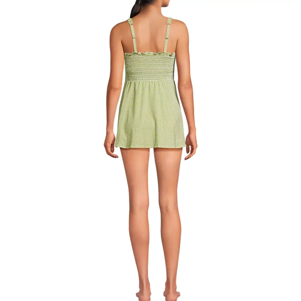 Womens Square Neck Smocked Mini Swim Dress