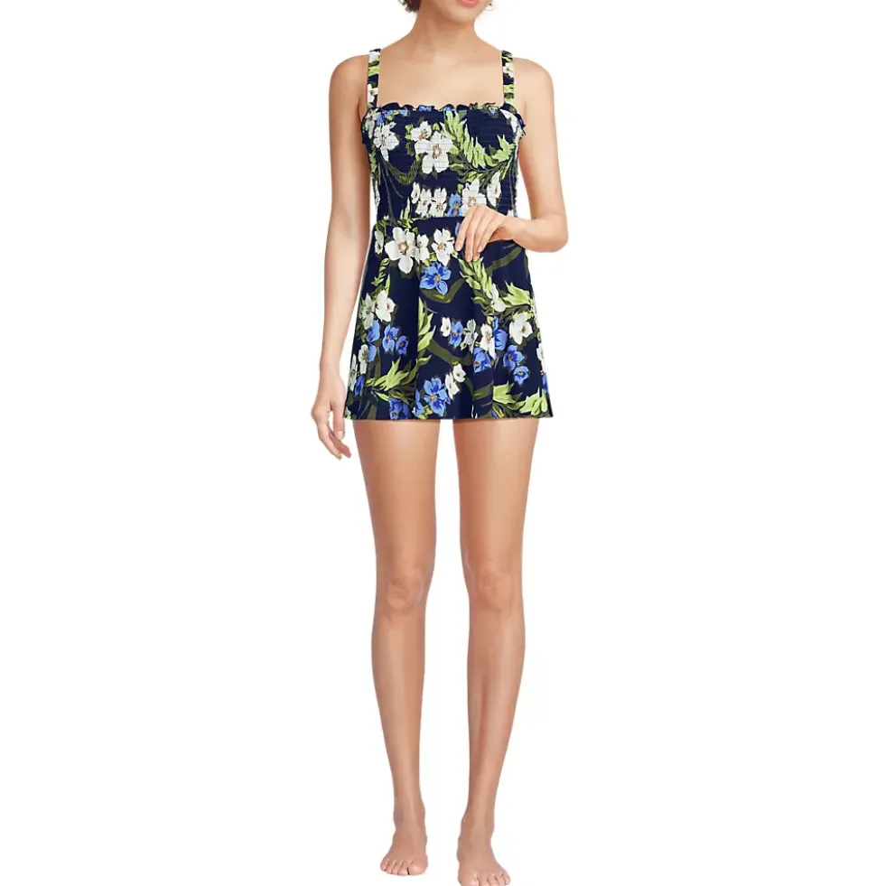 Womens Square Neck Smocked Mini Swim Dress