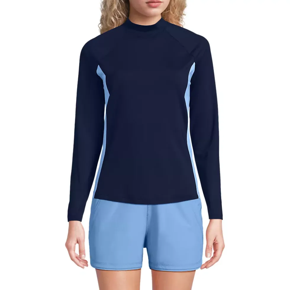 Womens SunShade UPF 50 Long Sleeve Colorblock Mock Neck Rash Guard Swim Tee
