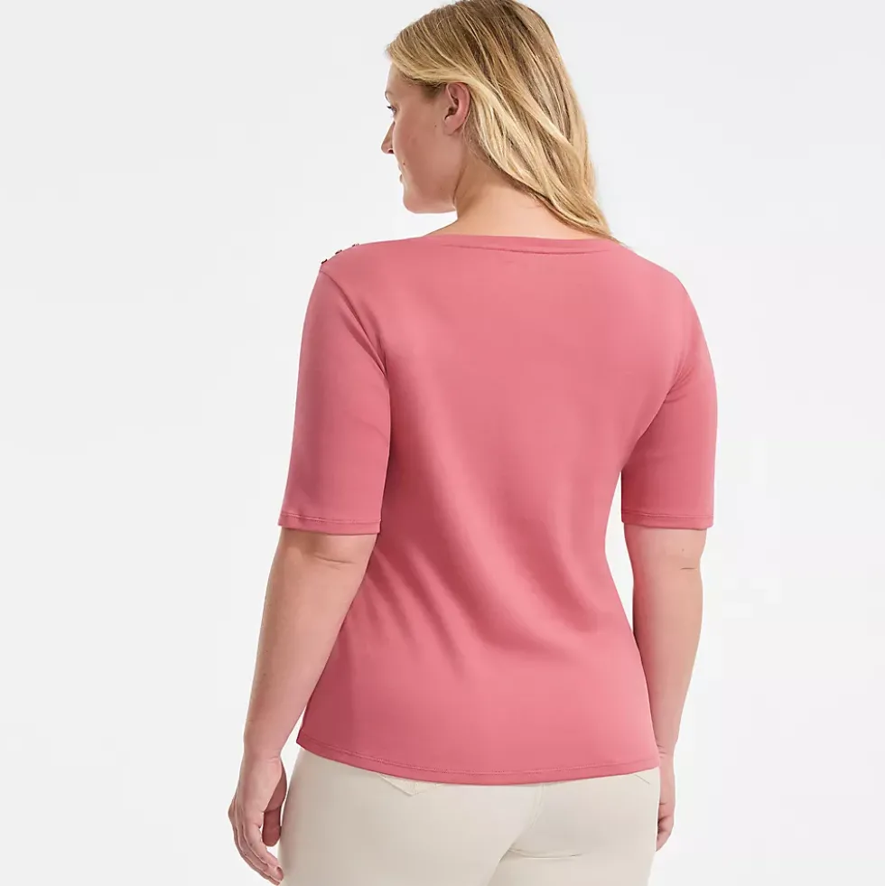 Women's Supima Cotton Elbow Sleeve Boatneck Button Shoulder Tee