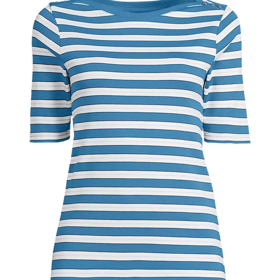 Women's Supima Cotton Elbow Sleeve Boatneck Button Shoulder Tee