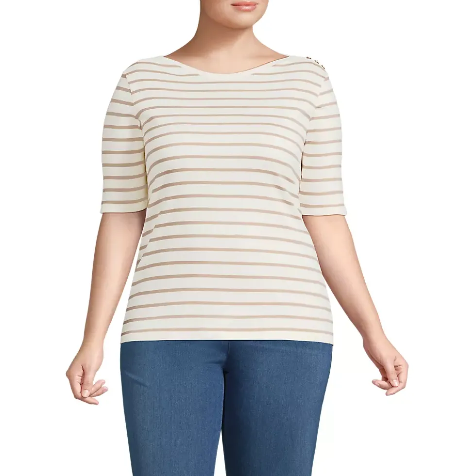 Women's Supima Cotton Elbow Sleeve Boatneck Button Shoulder Tee
