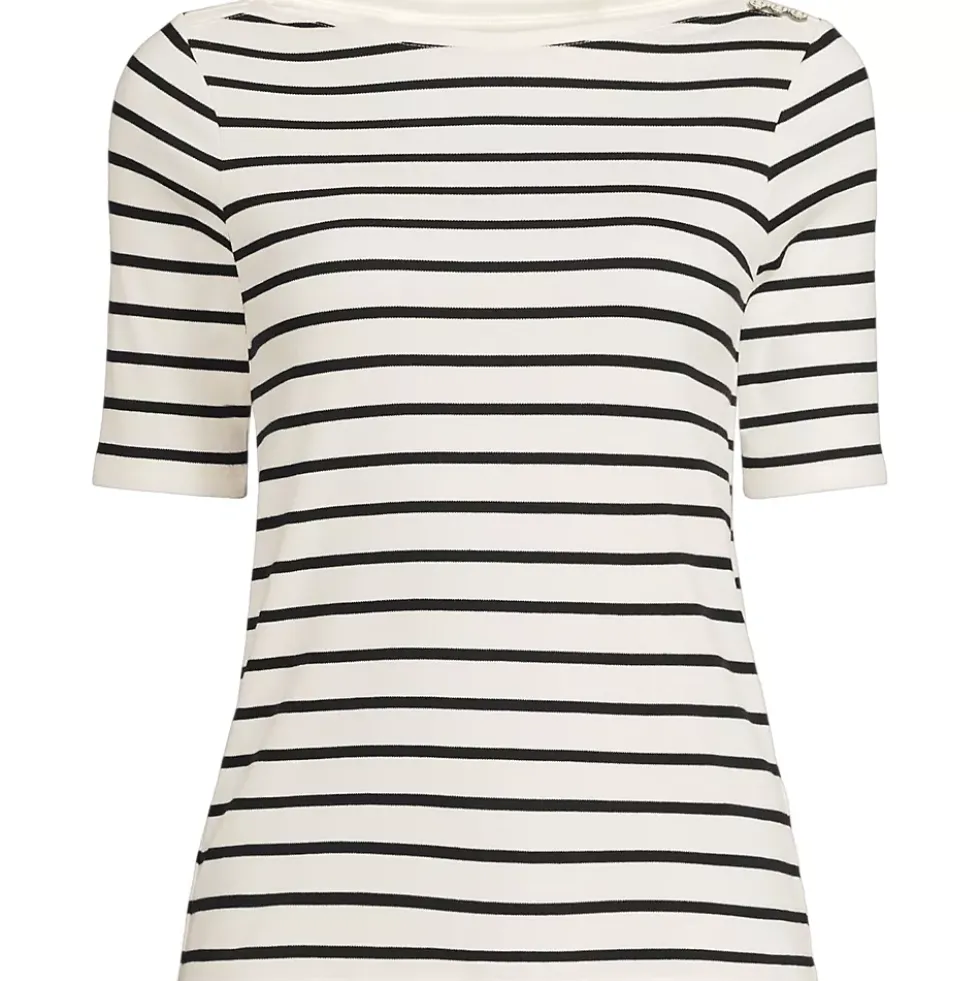 Women's Supima Cotton Elbow Sleeve Boatneck Button Shoulder Tee