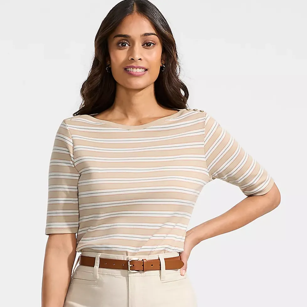 Women's Supima Cotton Elbow Sleeve Boatneck Button Shoulder Tee