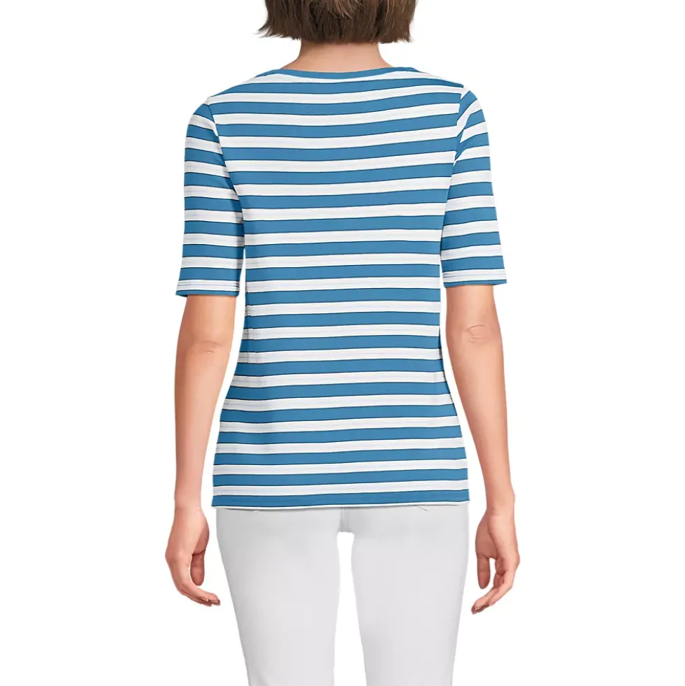 Women's Supima Cotton Elbow Sleeve Boatneck Button Shoulder Tee