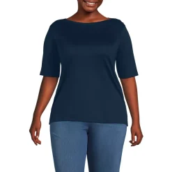 Women's Supima Cotton Elbow Sleeve Boatneck Button Shoulder Tee